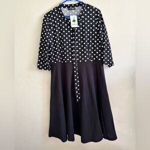 Bedoar Key Hole Neck Tie Fit & Flare Polka Dot Dress 3/4  Sleeve Color Block